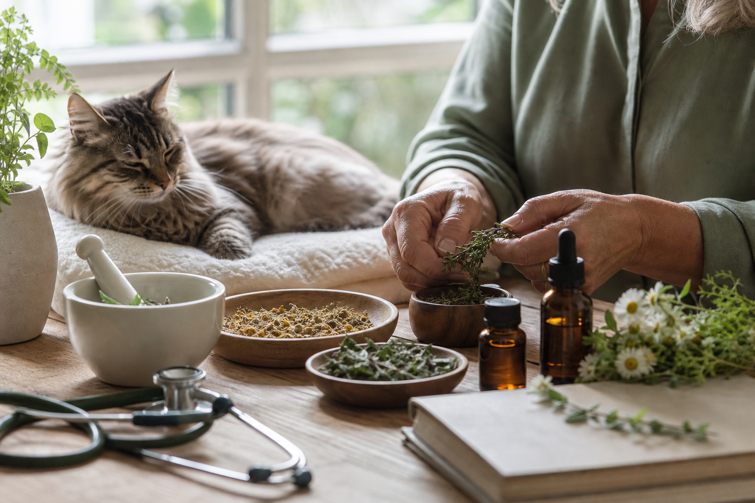Naturheilkundliche Materialien für Tiere mit einer ruhenden Katze
